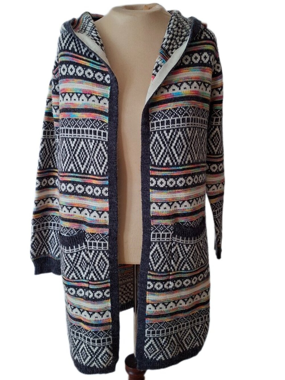 Monteau Los Angeles Hooded Knit Cardigan Geometric Rainbow Pattern Size M